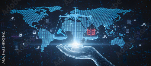 cybersecurity law and data protection symbol with glowing balance scale in virtual world