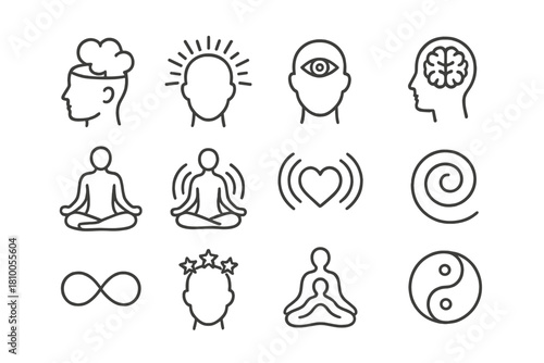 Mystical Consciousness Icons. Line style icons of mystical consciousness: open mind, glowing head, inner eye, radiant brain;