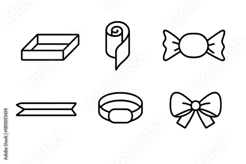 Edible Gift Packaging Icons. Line style icons of edible gift packaging: cookie box base, fruit leather ribbon, sugar wrap layer,