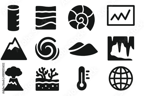 Paleoclimatology Icons. Solid style icons of paleoclimatology: ice core cylinder, sediment layer sample, ancient fossil, climate