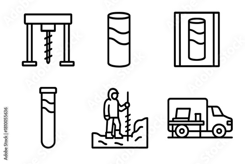 Ice Core Sampling Icons. Line style icons of ice core sampling: ice core drilling machine, cylindrical ice sample, preserved ice