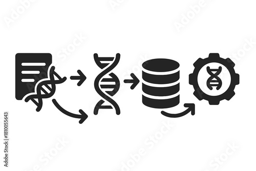 DNA Workflow Cycle. Solid style icons of DNA storage workflow: encode → synthesize → store → sequence, step-by-step pipeline.
