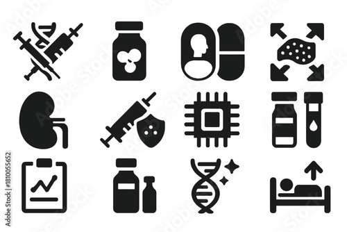 Medical Icon Set. Solid style icons of Medical Applications: gene therapy injection, stem cell vial, personalized medicine pill,