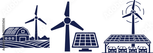 Renewable Energy Icons: Farm, Wind Turbine, Solar Panel, and Electric Cars barn solar panels