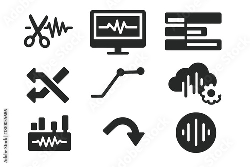 Sound Editing Icons. Solid style icons of sound editing: scissors cutting waveform, digital audio workstation screen, timeline