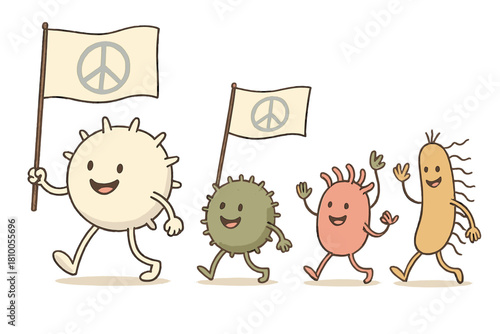 Immune System Parade. Immune system parade with friendly white blood cells marching beside microbes waving flags of peace No text,