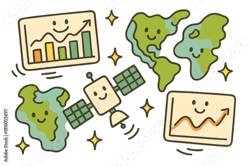 Cheerful Data Doodles. Playful doodle satellite data visualization with smiling screens, cartoon graphs bouncing, cheerful maps