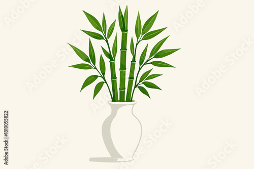 Elegant Bamboo Vase. Elegant white ceramic vase filled with vector illustration vibrant green bamboo shoots, minimalist and clean