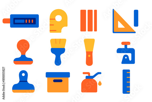 Printshop Accessories Icons. Flat vector icons of Printshop Accessories: composing stick, type gauge, spacing material, corner