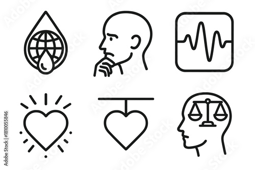 Emotional Iconography. Line style icons of Emotional and Psychological Responses: tear with globe, thoughtful expression