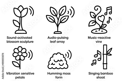Sound-Activated Plant Icons. Line style icons of sound-responsive plants: sound-activated blossom sculpture, audio-pulsing leaf