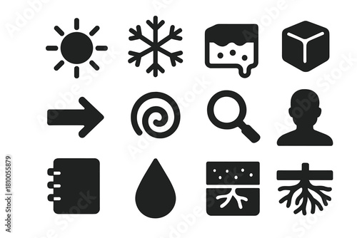 Seasonal Process Icons. Solid style icons of seasonal changes and environmental processes: sun, snowflake, thawing soil, ice,