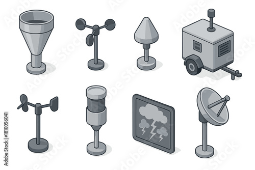 Meteorology Tools Isometric Illustration. Isometric vector illustration set of Meteorology tools: rain collector funnel, wind