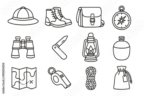 Fieldwork Gear Icons. Line style icons of classic fieldwork: explorer hat, leather boots, satchel, compass; binoculars, pocket