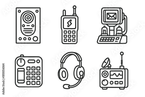 Tech Mod Icons. Line style icons of communication tech mods: modded intercom panel, neon walkie-talkie, tube-based email console,