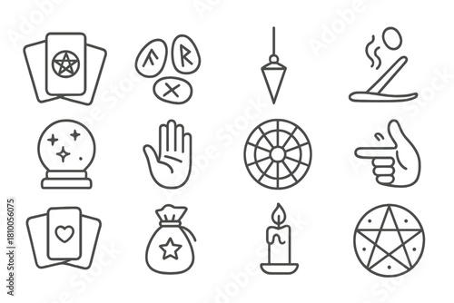 Fortune Ritual Icons. Line style icons of fortune rituals: tarot spread, rune stones, pendulum, incense smoke; crystal ball,
