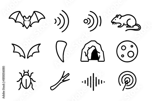 Nocturnal Hunting Icons. Line style icons of Nocturnal Hunting: Bat, Echolocation Wave, Echo, Prey Detection; Wings, Fang, Cave,