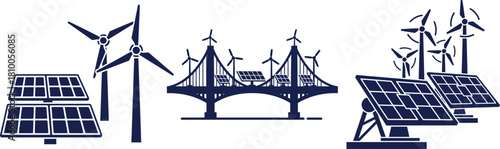 Renewable Energy Icons Featuring Bridges, Wind Turbines, and Solar Panels suspension bridge