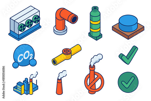 Industrial Carbon Capture Icons. Isometric vector illustration set Climate action – carbon capture unit, exhaust duct, scrubber