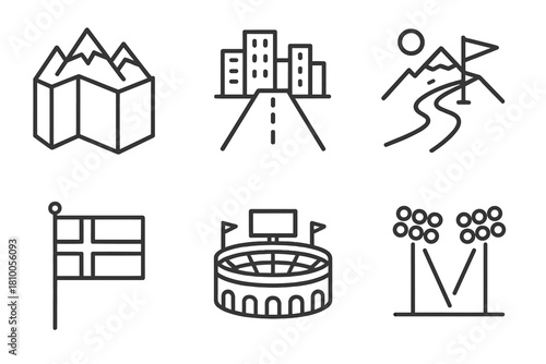 Global Ice Cross Icons. Line style icons of global ice cross locations: mountain range map, urban street icon, arctic slope trail,