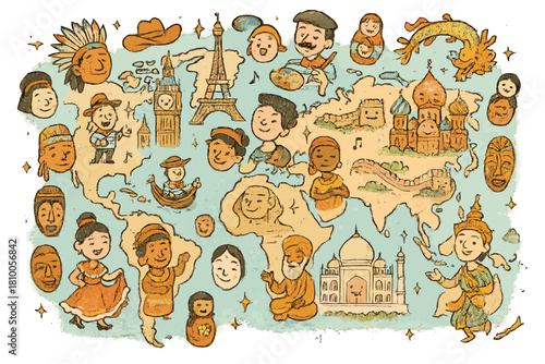 Whimsical World Map. Whimsical doodle global cultural map with happy landmarks, cartoon cultural symbols floating, smiling