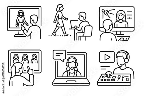 Virtual Fashion Team Icons. Line style icons of backstage virtual fashion teams: digital stylist adjusting look, animator tweaking