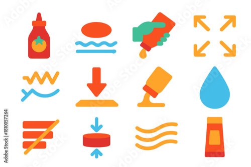 Shear-Thinning Fluid Icons. Flat vector icons of ketchup and shear-thinning fluids: ketchup bottle, flow under stress, squeeze