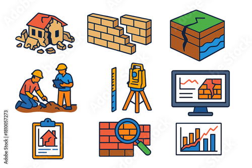 Archaeoseismology Isometric Icons. Isometric vector illustration set Archaeoseismology: collapsed structures, wall offsets,