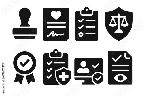 Ethics and Compliance Icons. Solid style icons of trial regulation and consent: ethics approval stamp, signed consent form icon,