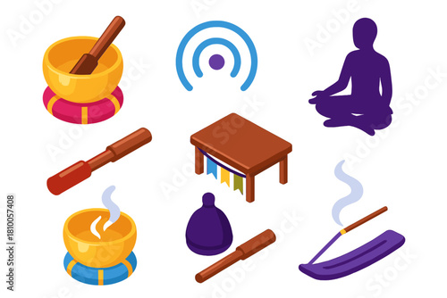 Sound Therapy Icons. Isometric vector illustration set Sound therapy – Tibetan bell set, cushion pads, striker sticks; echo rings,
