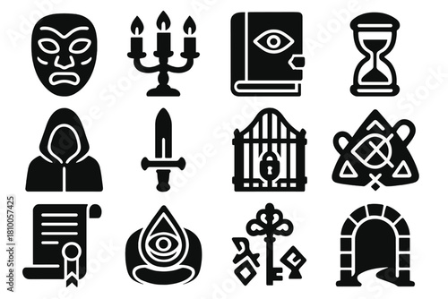 Secret Society Icons. Solid style icons of Secret societies: ritual mask, candle holder, ancient tome, hooded figure, ceremonial
