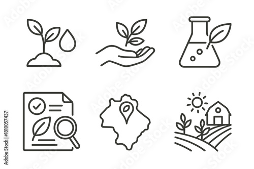 Eco Production Icons. Line style icons of production and sourcing: plant to pigment icon, sustainable harvest symbol, eco lab