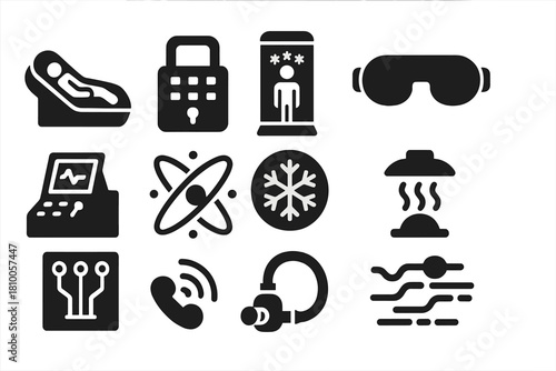 Futuristic Cryo Technology Icons. Solid style icons of Futuristic Stasis: Cryo Bed, Digital Lock, Cryo Tube, Sleep Mask, Control