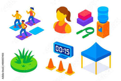 Isometric Park Fitness Icons. Isometric vector illustration set Park activities – group fitness class, instructor avatar, yoga
