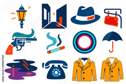 Noir Street Icons. Flat vector icons of Noir Streets: flickering lamppost, shadowed alley, fedora hat, smoking revolver, broken