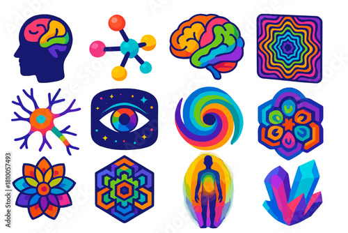 Psychedelic Science Icons. Isometric vector illustration set Psychedelic Science: human consciousness head, molecule atom