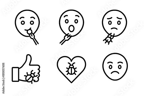 Consumer Reaction Icons. Line style icons of consumer reactions: curious tasting face, surprised joy icon, hesitant nibble, thumbs