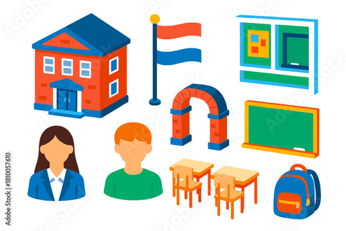 Isometric Language School Icons. Isometric vector illustration set Language learning – language school building, entrance arch,