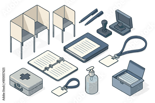 Election Day Essentials. Isometric vector illustration set Voting and elections – poll worker kit: privacy screens, pens, stamping