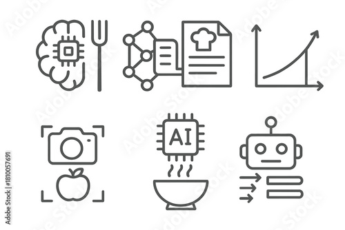 AI in Food Robotics. Line style icons of AI integration in food robotics: brain chip with fork, neural net and recipe icon,