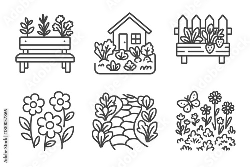 Edible Landscaping Icons. Line style icons of edible landscaping: garden bench with herbs, front yard garden, fence planter,