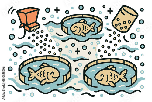 Cheerful Aquaculture Innovation. Cheerful doodle aquaculture innovation with happy fish in smiling pens, cartoon feeding devices
