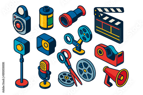 Analog Film Tools. Isometric vector illustration set Analog Film: handheld exposure meter, film roll canister, director’s eyepiece