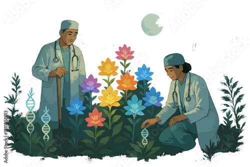 Moonlit Gene-Flower Garden. Healing forest with gene-flowers changing colors under moonlight, guided by doctors as friendly