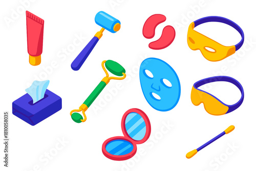 Bold Skincare Essentials. Isometric vector illustration set Skincare routine – eye cream tube, cooling roller, gel patches; jade