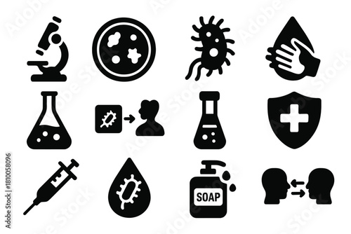 Germ Theory Symbols. Solid style icons of germ theory revolution: microscope, Petri dish, bacterial cell, handwashing symbol,