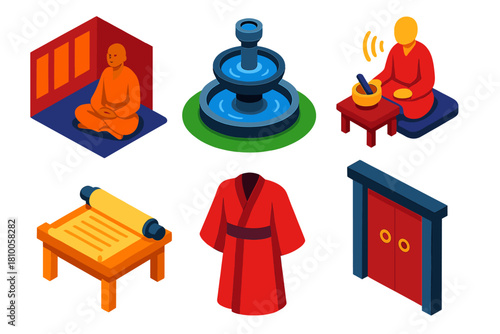 Vibrant Meditation Icons. Isometric vector illustration set History of silence: meditation halls, stone fountains, chanting