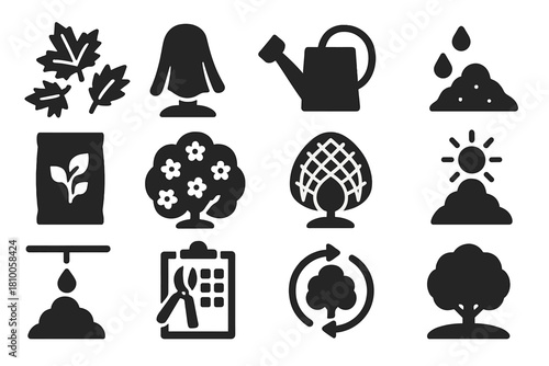Seasonal Topiary Icons. Solid style icons of seasonal topiary care: autumn leaves, frost cover cloth, watering can, mulch pile,