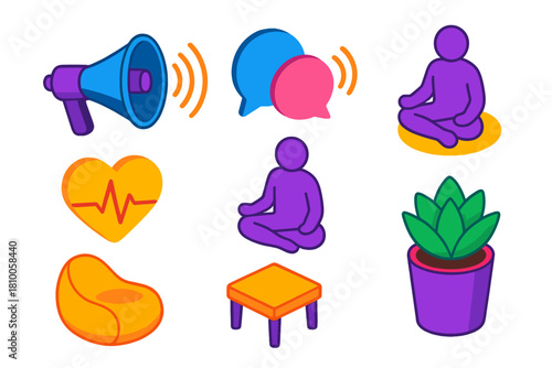 Sound Therapy Icons. Isometric vector illustration set Sound therapy – megaphone speaker, sound waves, echo bubbles; relaxation
