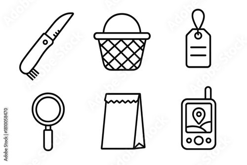 Field Mycology Tools. Line style icons of field mycology tools: mushroom knife, collection basket, specimen label tag, hand lens,